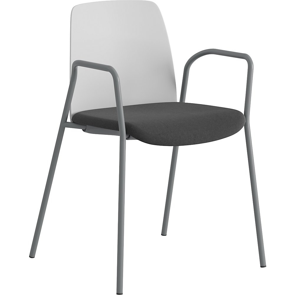 Stoel Helmer, zitting gestoffeerd, rugleuning kunststof, VE = 4 stuks, zitting wit/zwart, onderstel zilver, met armleuningen