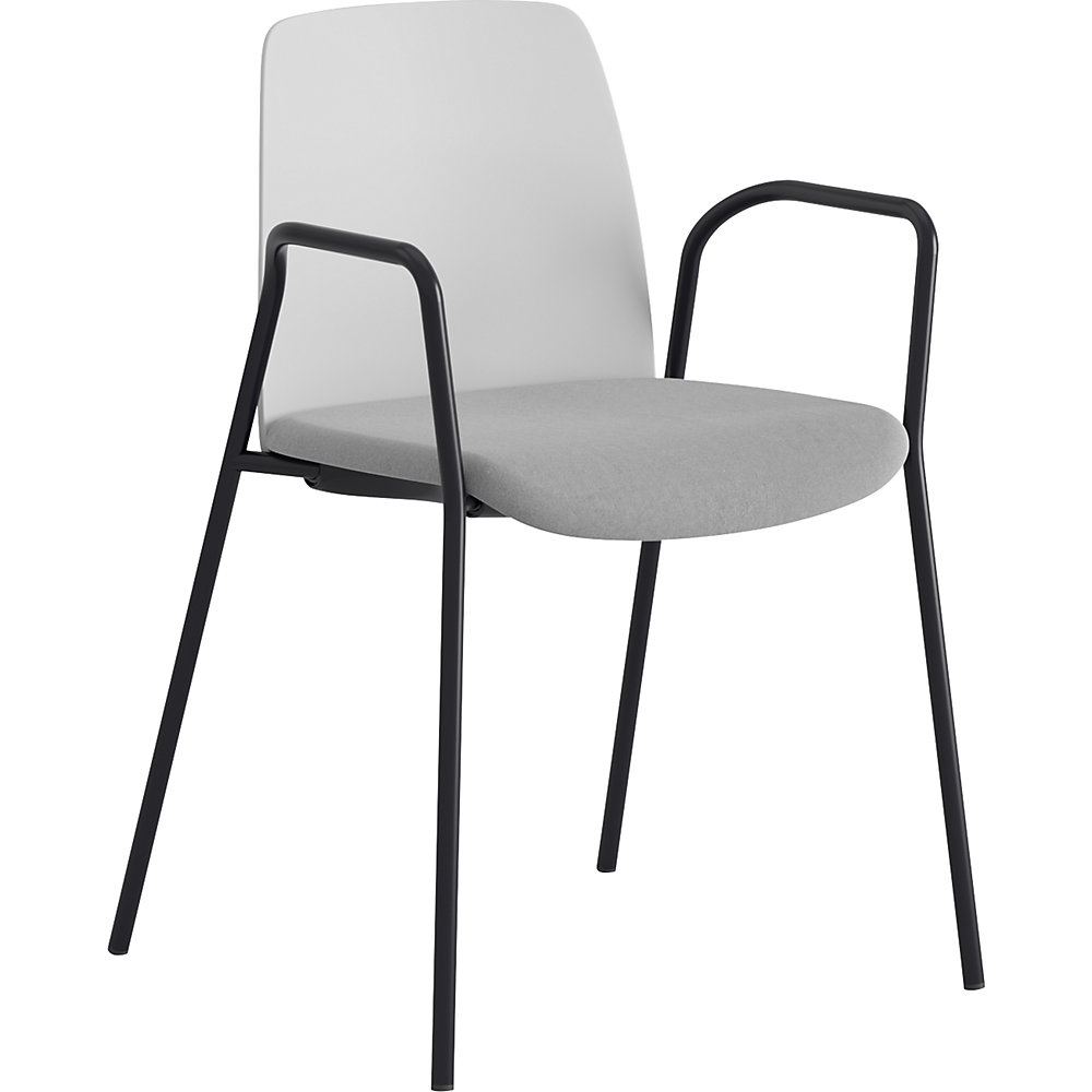 Stoel Helmer, zitting gestoffeerd, rugleuning kunststof, VE = 4 stuks, zitting wit/lichtgrijs, onderstel zwart, met armleuningen