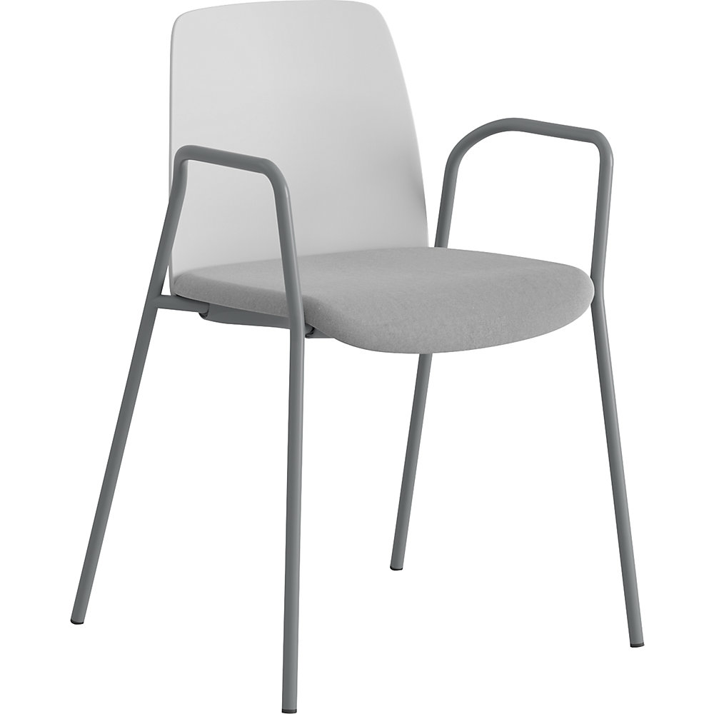 Stoel Helmer, zitting gestoffeerd, rugleuning kunststof, VE = 4 stuks, zitting wit/lichtgrijs, onderstel zilver, met armleuningen
