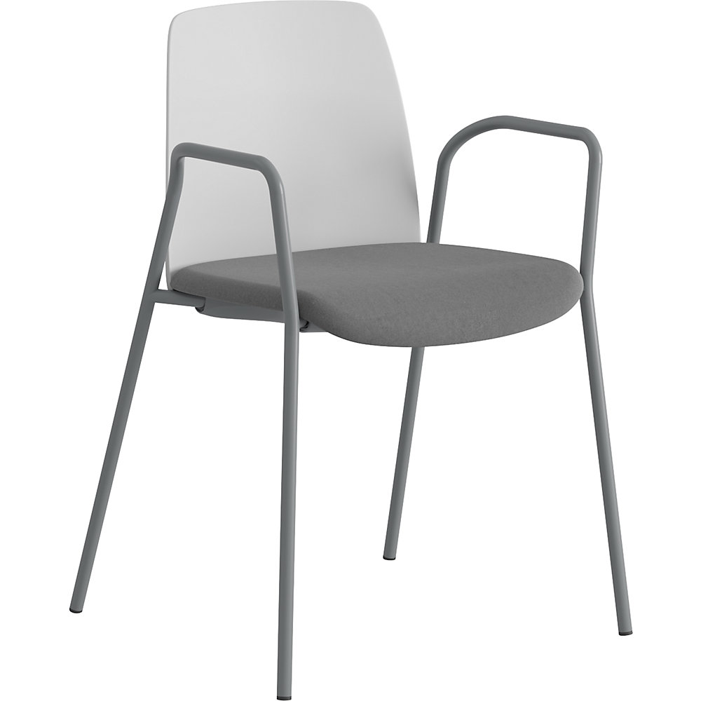 Stoel Helmer, zitting gestoffeerd, rugleuning kunststof, VE = 4 stuks, zitting wit/donkergrijs, onderstel zilver, met armleuningen