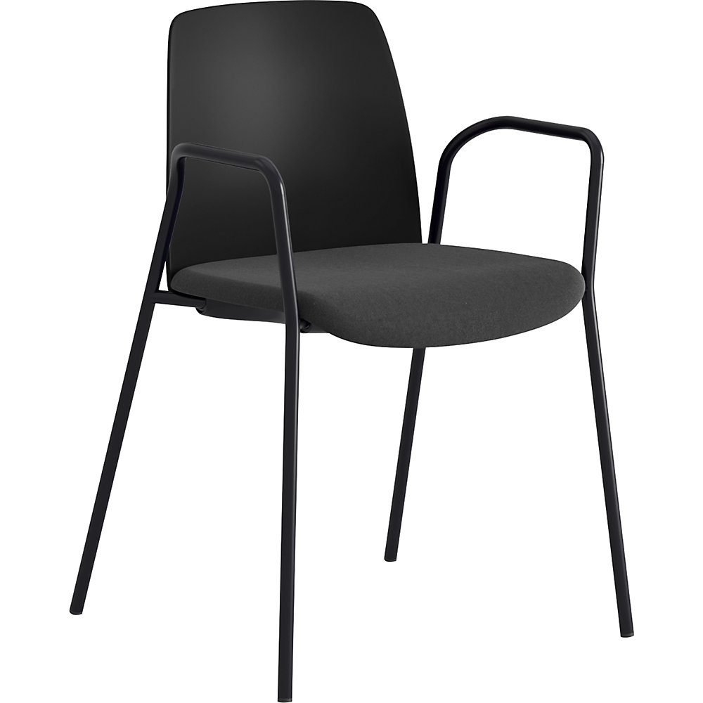 Stoel Helmer, zitting gestoffeerd, rugleuning kunststof, VE = 4 stuks, zitting zwart, onderstel zwart, met armleuningen