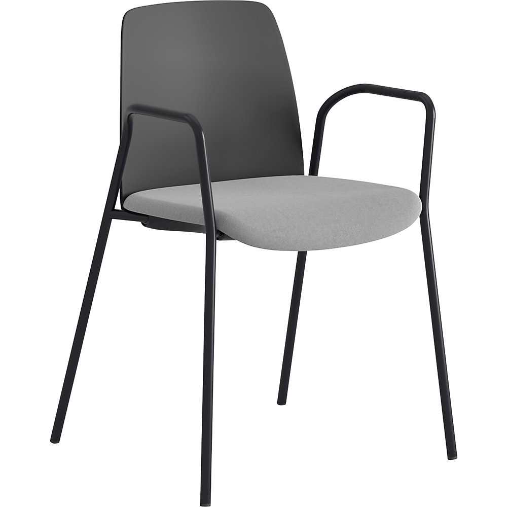 Stoel Helmer, zitting gestoffeerd, rugleuning kunststof, VE = 4 stuks, zitting donkergrijs/lichtgrijs, onderstel zwart, met armleuningen