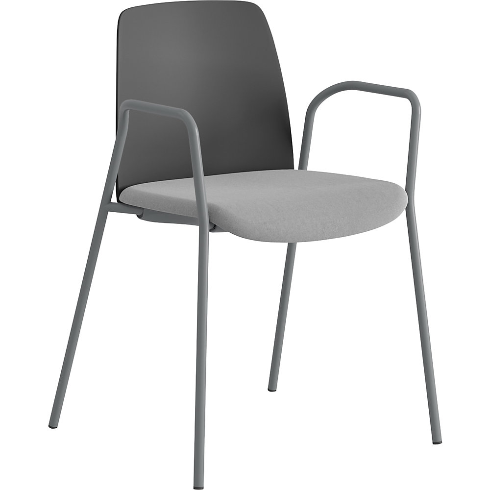 Stoel Helmer, zitting gestoffeerd, rugleuning kunststof, VE = 4 stuks, zitting donkergrijs/lichtgrijs, onderstel zilver, met armleuningen