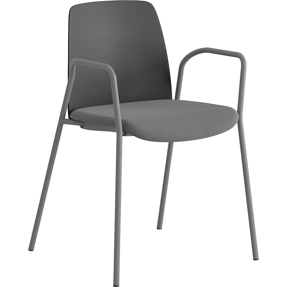 Stoel Helmer, zitting gestoffeerd, rugleuning kunststof, VE = 4 stuks, zitting donkergrijs, onderstel zilver, met armleuningen