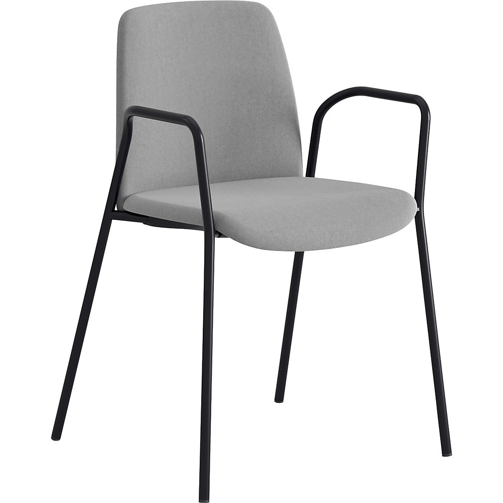 Stoel Helmer, zitting/rugleuning gestoffeerd, VE = 4 stuks, zitting lichtgrijs, onderstel zwart, met armleuningen
