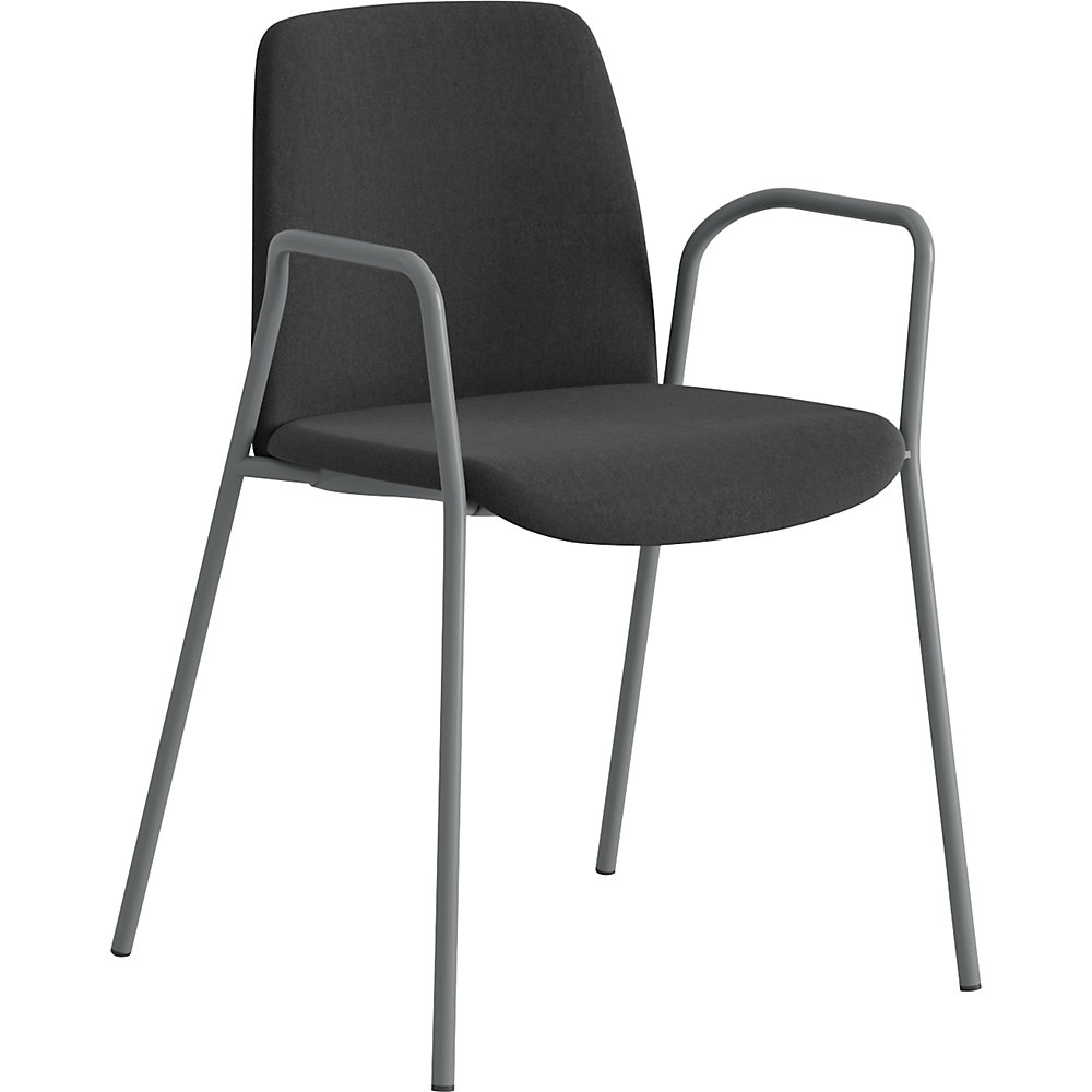 Stoel Helmer, zitting/rugleuning gestoffeerd, VE = 4 stuks, zitting zwart, onderstel zilver, met armleuningen