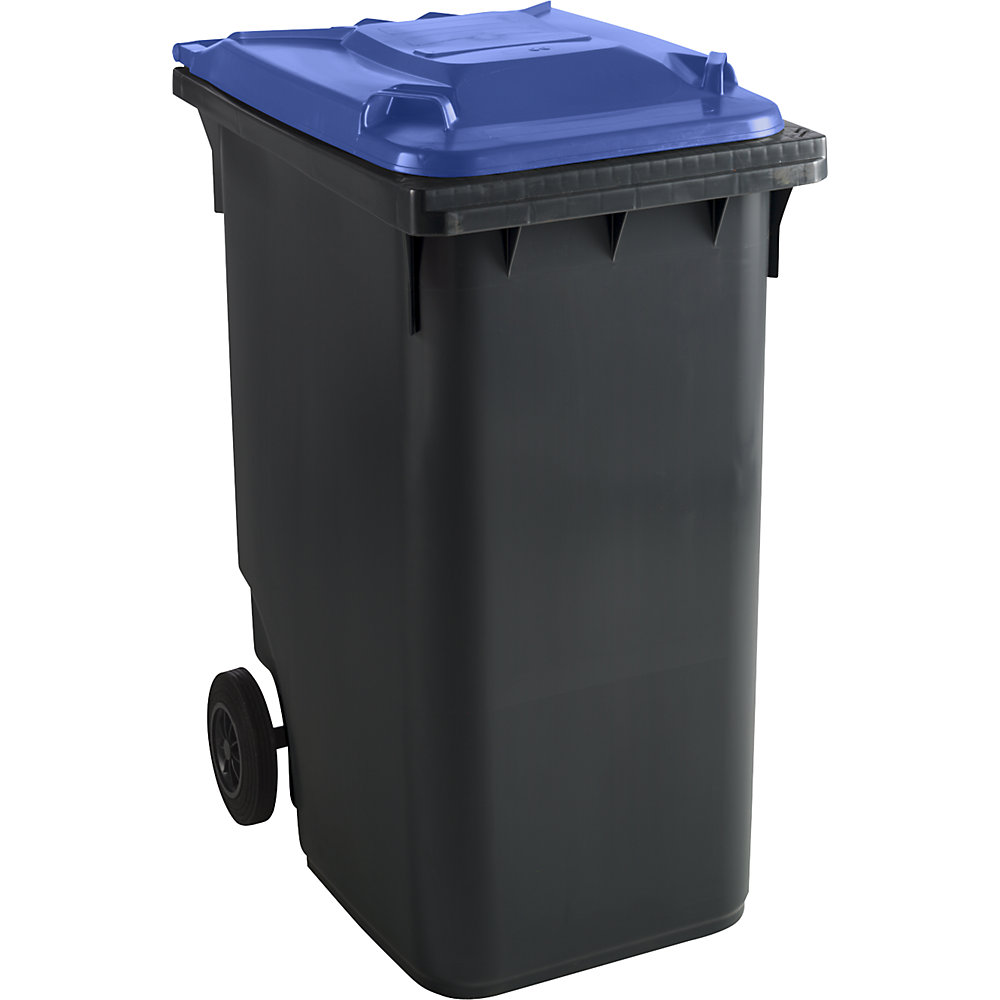 kaiserkraft Mülltonne aus Kunststoff DIN EN 840, Volumen 360 l, BxHxT 665 x 1115 x 880 mm, anthrazit/blau