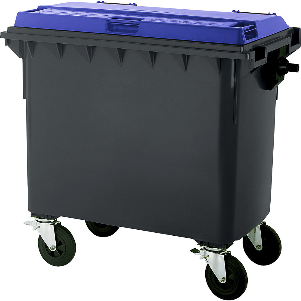 kaiserkraft Müllcontainer aus Kunststoff, DIN EN 840, Volumen 660 l, BxHxT 1360 x 1235 x 765 mm, anthrazit/blau