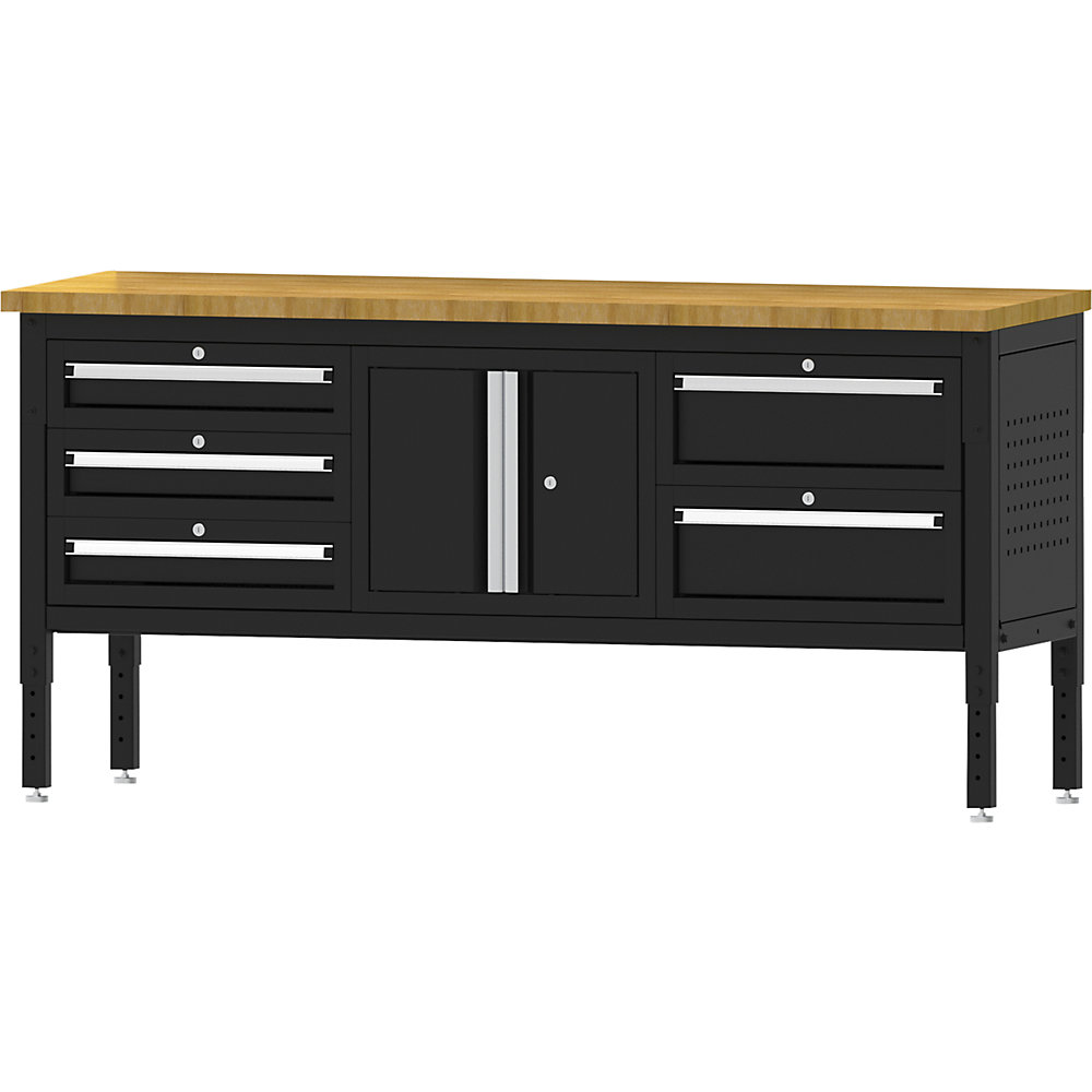 kaiserkraft Werkbank BLACKLINE, mit 6 Schubladen, Flügeltürschrank, Plattenbreite 1829 mm