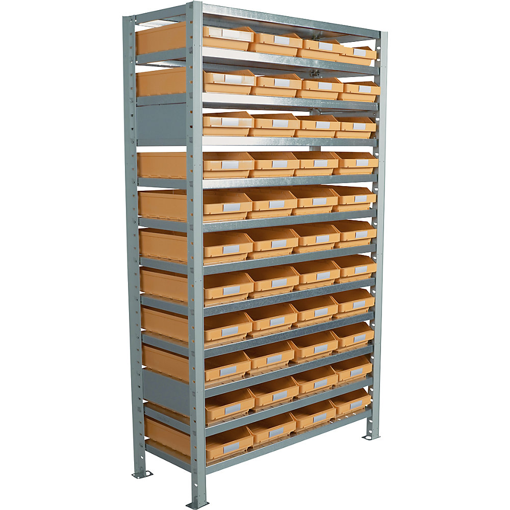 kaiserkraft Steckregal mit Regalkästen, HxBxT 2100 x 1000 x 500 mm, Grundregal, mit 52 Kästen