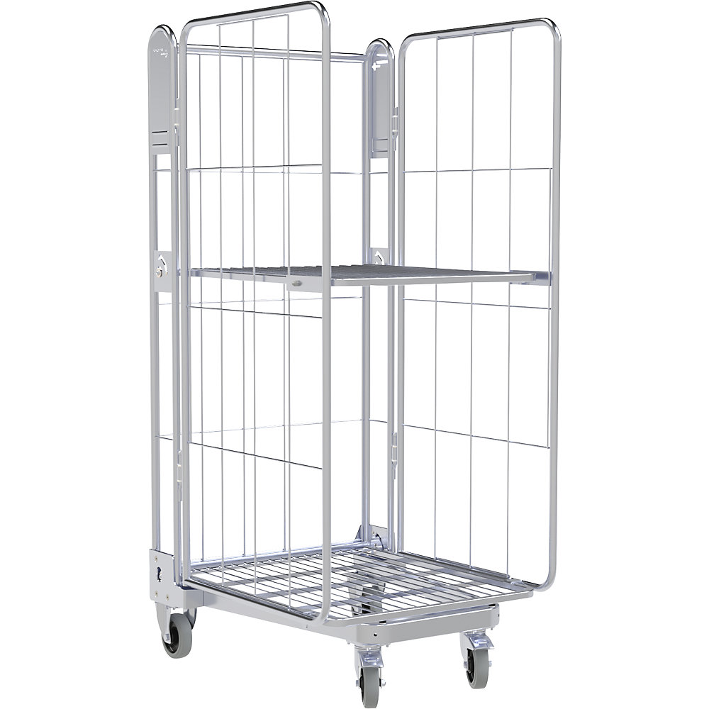 kaiserkraft Rollbehälter, 3-seitig, Stahlrollplatte, H 1690 mm, 1 Etagenboden