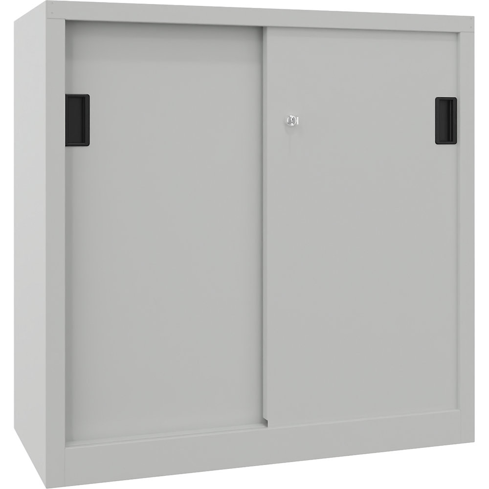 Schiebetürenschrank, Höhe 1000 mm, Vollblechtüren, BxT 1000 x 500 mm, mit 2 Fachböden, Tür lichtgrau Pavoy