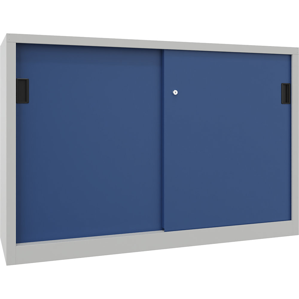 Schiebetürenschrank, Höhe 1000 mm, Vollblechtüren, BxT 1500 x 600 mm, mit Trennwand und 2 x 2 Fachböden, Tür enzianblau Pavoy
