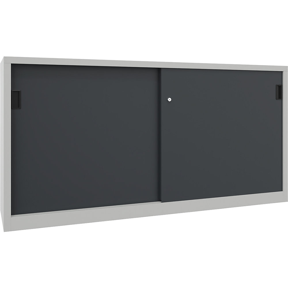Schiebetürenschrank, Höhe 1000 mm, Vollblechtüren, BxT 2000 x 500 mm, mit Trennwand und 2 x 2 Fachböden, Tür anthrazit Pavoy