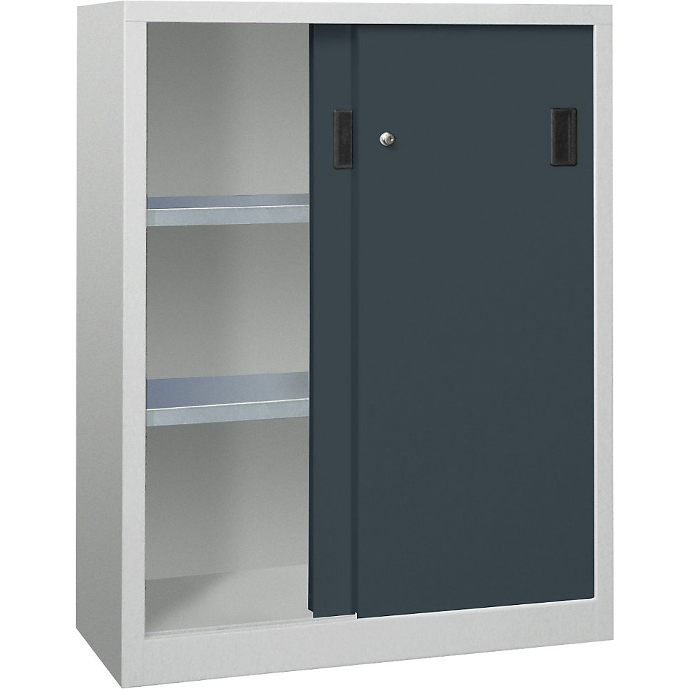 Schiebetürenschrank, Höhe 1200 mm, Vollblechtüren, BxT 1000 x 500 mm, mit 2 Fachböden, Tür anthrazit Pavoy 2