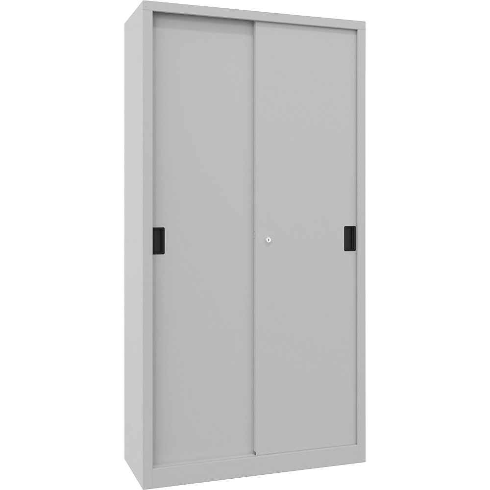 Schiebetürenschrank, Höhe 1950 mm, Vollblechtüren, BxT 1000 x 400 mm, mit 4 Fachböden, Tür lichtgrau Pavoy