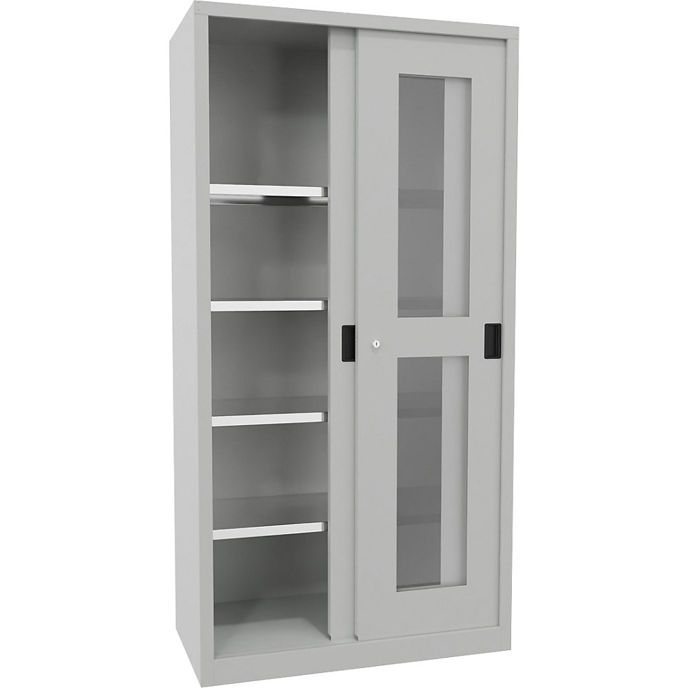 Schiebetürenschrank, Höhe 1950 mm, Sichtfenstertüren, BxT 1000 x 500 mm, mit 4 Fachböden, Tür lichtgrau Pavoy 2