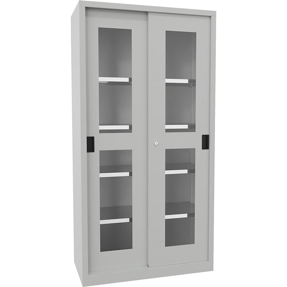 Schiebetürenschrank, Höhe 1950 mm, Sichtfenstertüren, BxT 1000 x 500 mm, mit 4 Fachböden, Tür lichtgrau Pavoy