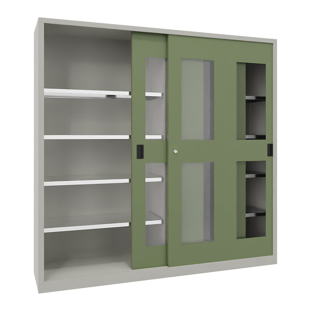 Schiebetürenschrank, Höhe 1950 mm, Sichtfenstertüren, BxT 2000 x 400 mm, mit Trennwand und 2 x 4 Fachböden, Tür resedagrün Pavoy 2