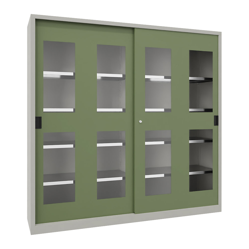 Schiebetürenschrank, Höhe 1950 mm, Sichtfenstertüren, BxT 2000 x 400 mm, mit Trennwand und 2 x 4 Fachböden, Tür resedagrün Pavoy