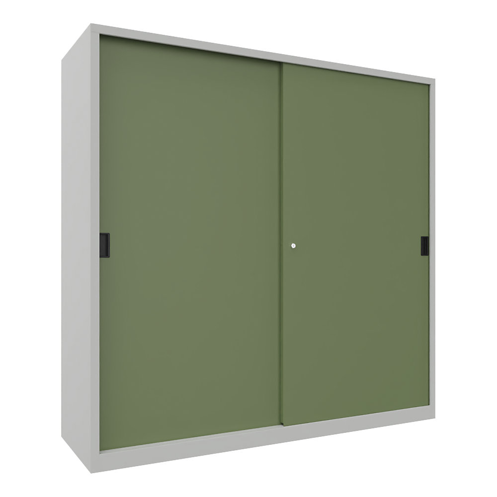 Schiebetürenschrank, Höhe 1950 mm, Vollblechtüren, BxT 2000 x 600 mm, mit Trennwand und 2 x 4 Fachböden, Tür resedagrün Pavoy