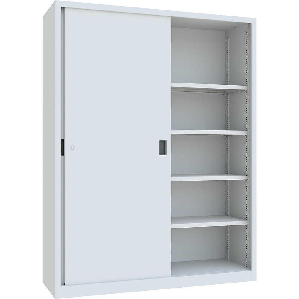 Schwerlast-Schiebetürenschrank, Höhe 1950 mm, Vollblechtüren, BxT 1500 x 500 mm, mit Trennwand und 2 x 4 Fachböden, Tür lichtgrau Pavoy