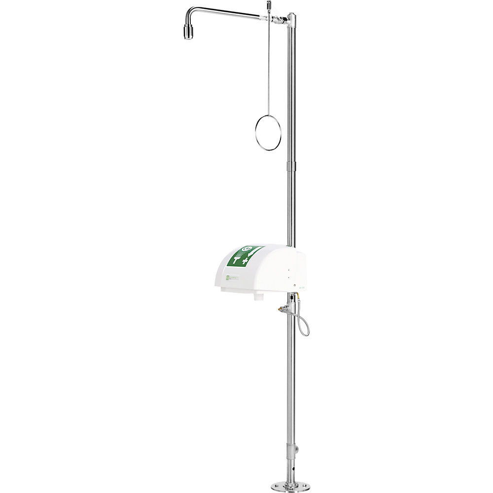 Körper-Notdusche PremiumLine, mit Augen-/Gesichtsdusche, Auffangbecken und Abdeckung, für Bodenmontage, Edelstahl B-SAFETY