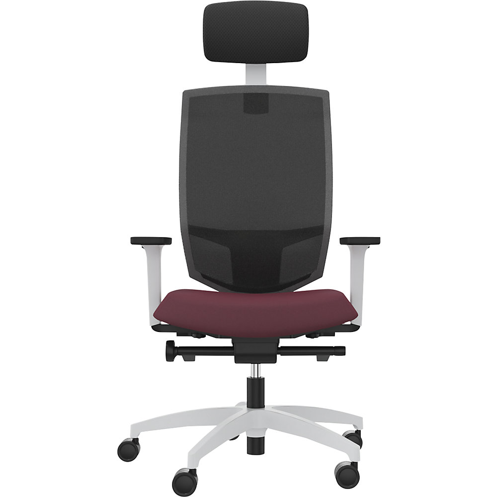 Bürodrehstuhl JUST EVO MESH, mit Netzrückenlehne, weiß, shirazrot, mit Kopfstütze Dauphin 2
