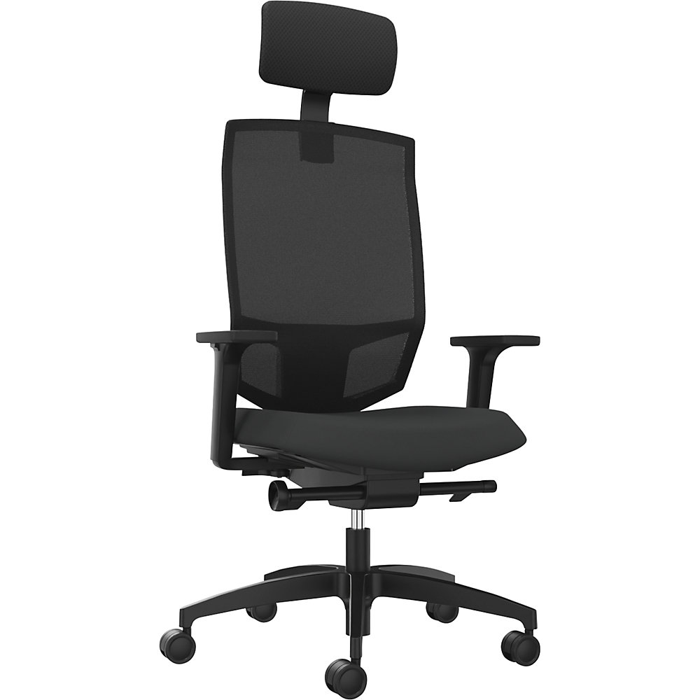 Bürodrehstuhl JUST EVO MESH, mit Netzrückenlehne, schwarz, schwarz, mit Kopfstütze Dauphin
