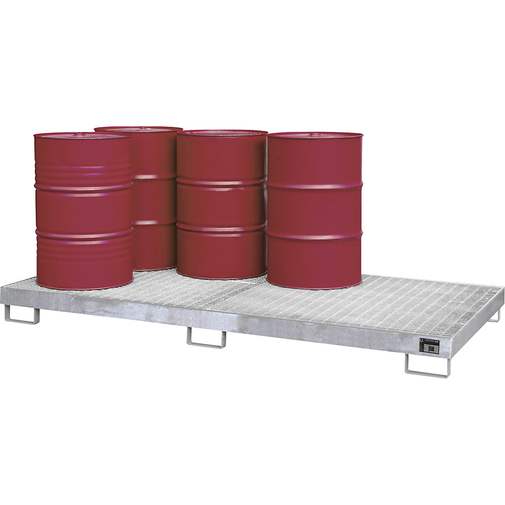 Stahl-Auffangwanne, Auffangvolumen 240 l, für 8 x 200-l-Fässer, feuerverzinkt, mit Gitterrost eurokraft pro