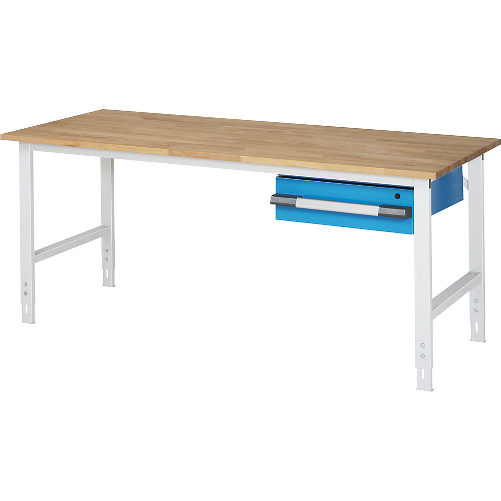 Höhenverstellbarer Arbeitstisch, Arbeitshöhe 760 - 1080 mm, BxT 2000 x 800 mm, 1 Schublade 150 mm eurokraft pro