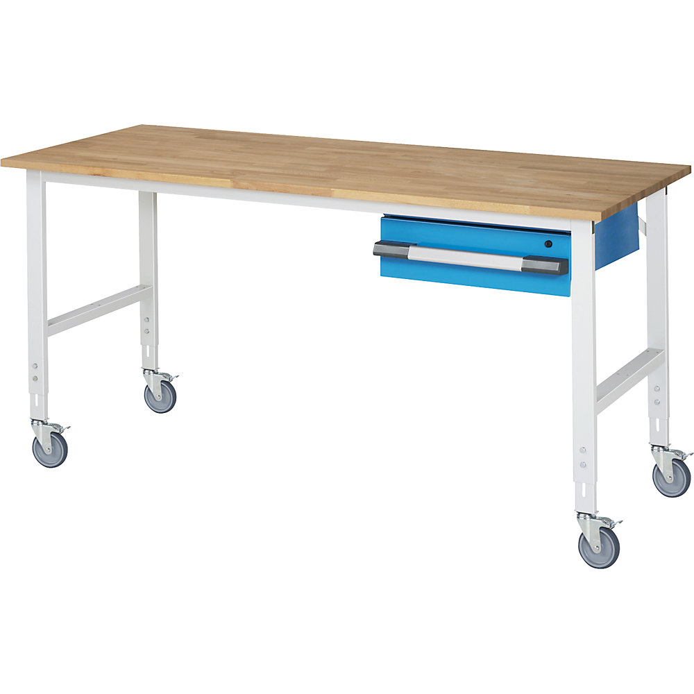 Fahrbarer Arbeitstisch, Arbeitshöhe 910 - 1230 mm, BxT 2000 x 800 mm, 1 Schublade 150 mm eurokraft pro