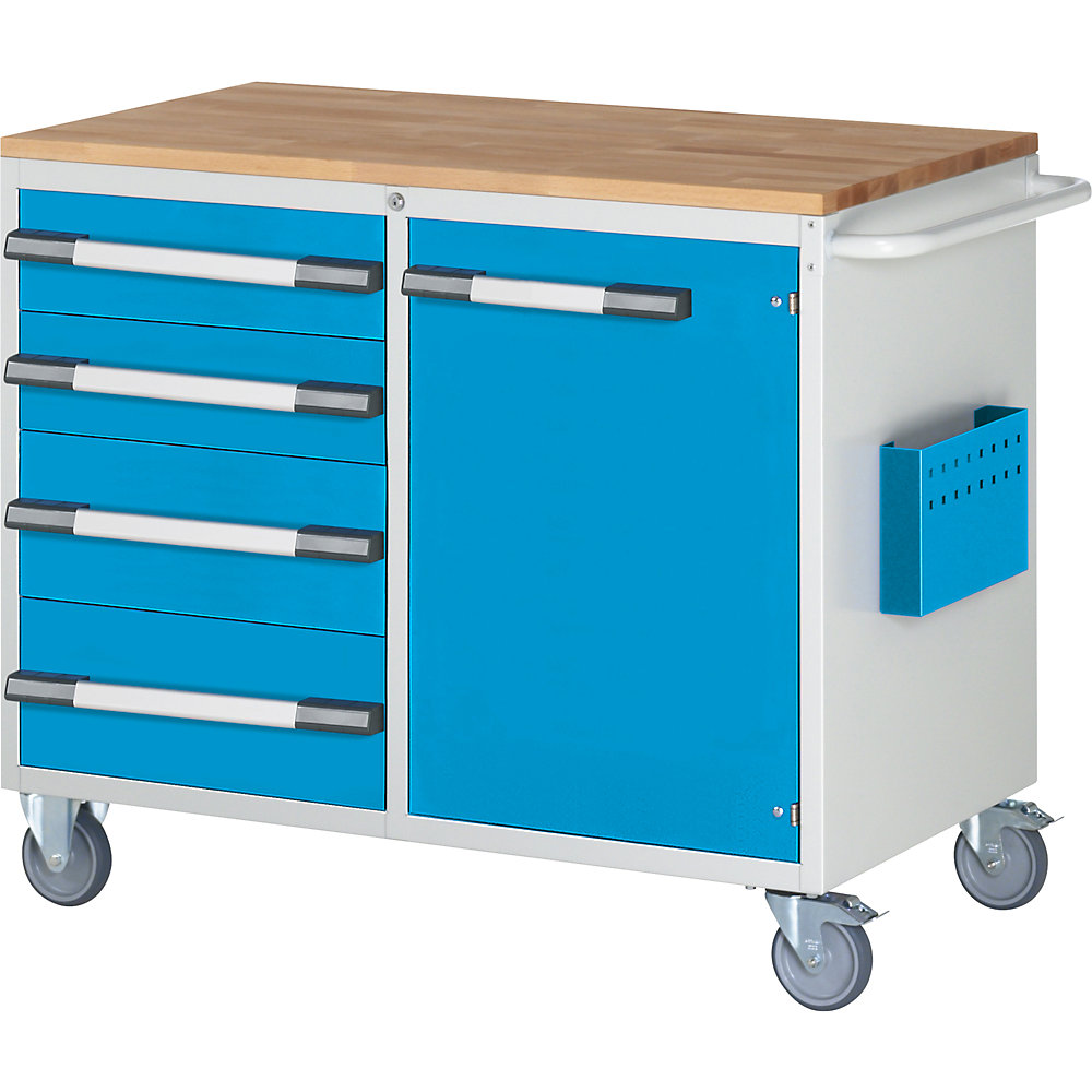 Kompaktwerkbank, fahrbar, 4 Schubladen, 1 Tür, HxB 975 x 1145 mm, lichtgrau / lichtblau eurokraft pro
