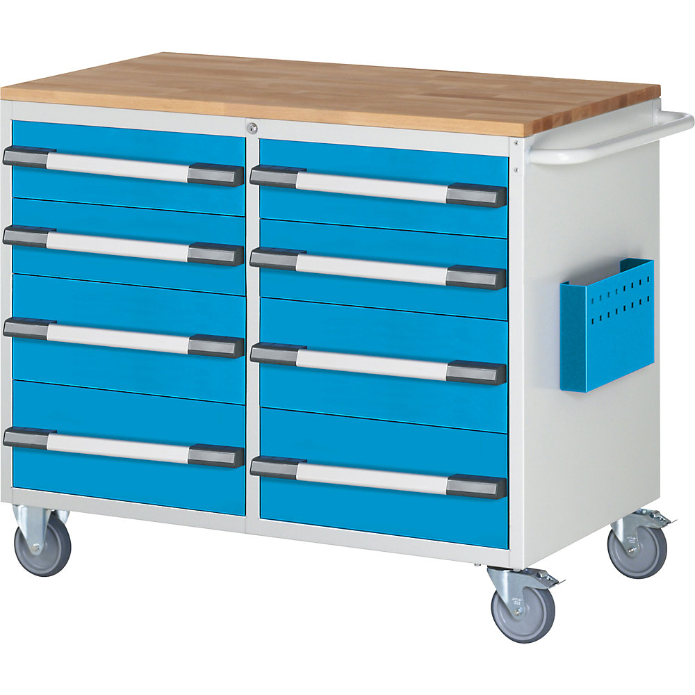 Kompaktwerkbank, fahrbar, 8 Schubladen, HxB 975 x 1145 mm, lichtgrau / lichtblau eurokraft pro