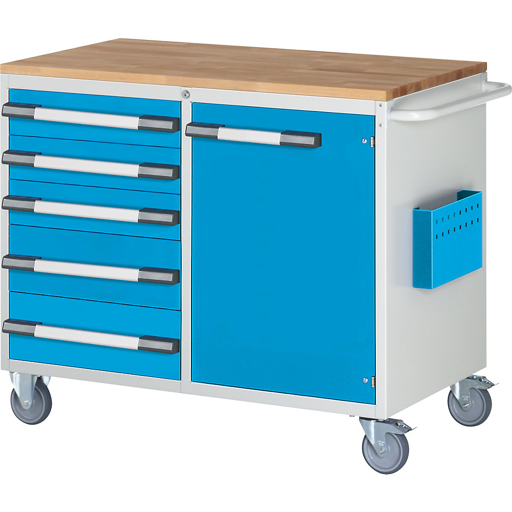 Kompaktwerkbank, fahrbar, 5 Schubladen, 1 Tür, HxB 975 x 1145 mm, lichtgrau / lichtblau eurokraft pro
