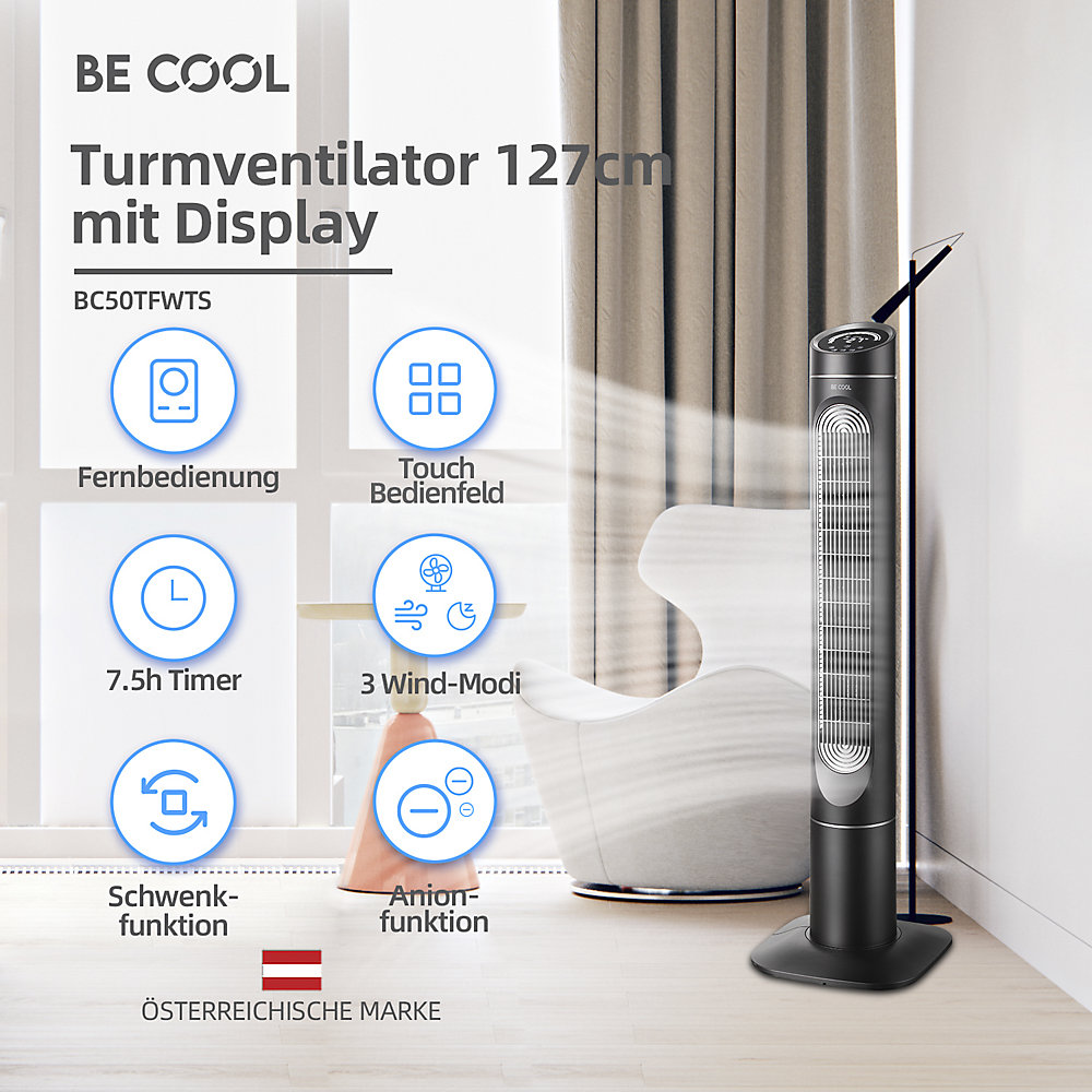 kaiserkraft Turmventilator mit Display, HxBxT 1320 x 215 x 215 mm, schwarz 2