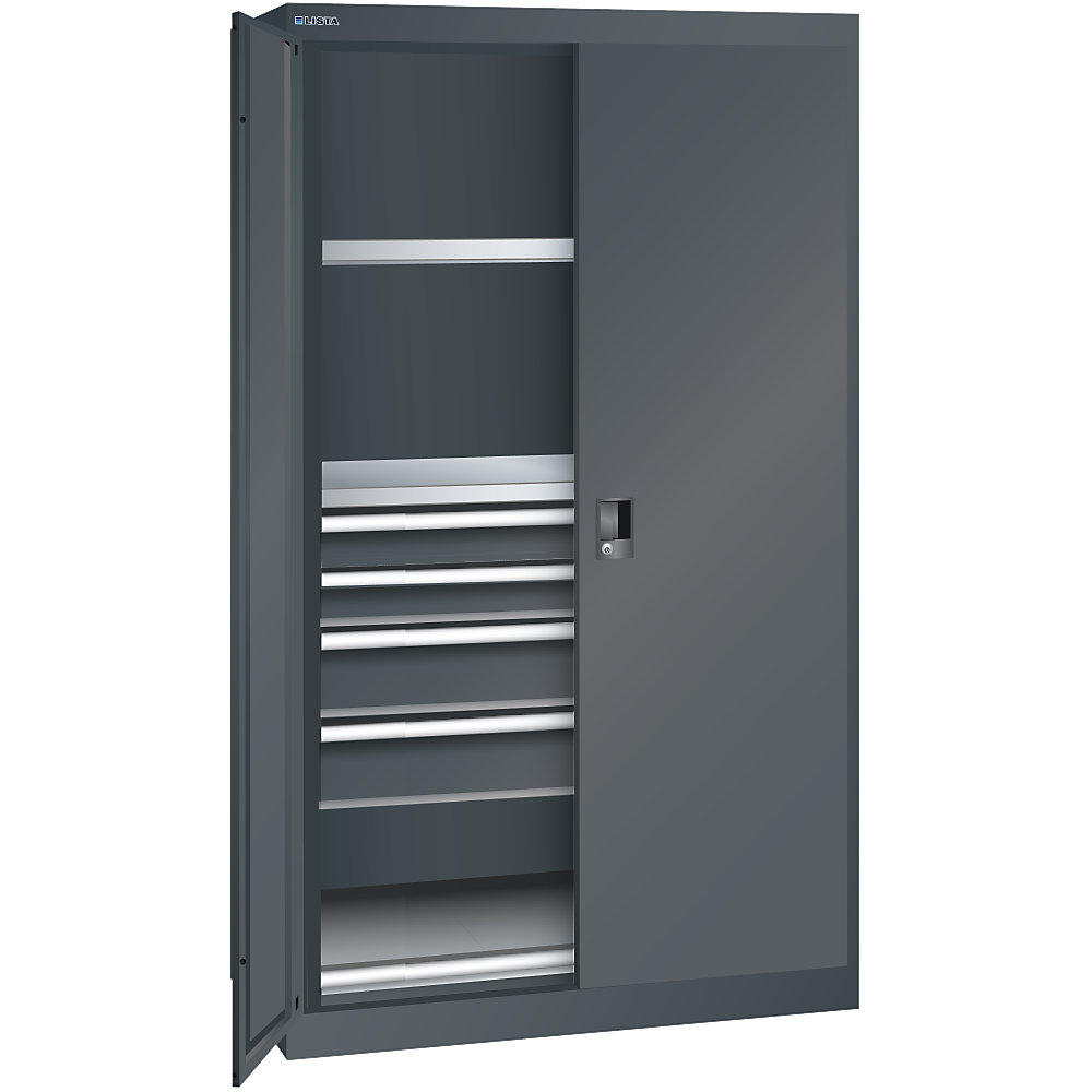 ESD-Schwerlastschrank, H 1950 mm, 2 Fachböden, 4 Schubladen, 1 Auszugboden, BxT 1100 x 641 mm, anthrazitgrau LISTA