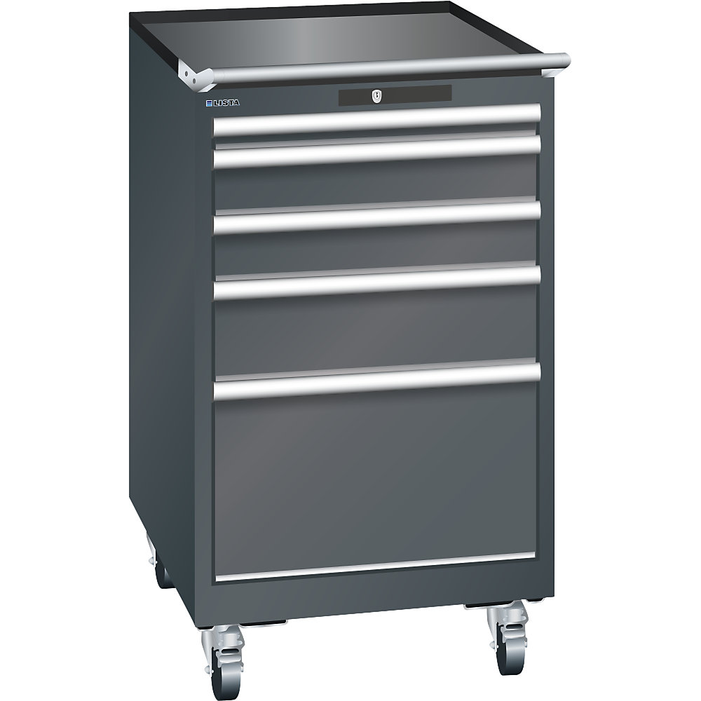 ESD-Schubladenschrank mobil, BxTxH 564 x 725 x 990 mm, 5 Schubladen, 1 x 50 / 2 x 100 / 1 x 150 / 1 x 300 mm, anthrazitgrau LISTA
