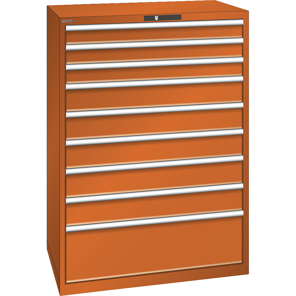 ESD-Schubladenschrank, BxTxH 1023 x 725 x 1450 mm, 9 Schubladen, Traglast 75 kg / 1 x 300 mm mit 200 kg, orange LISTA