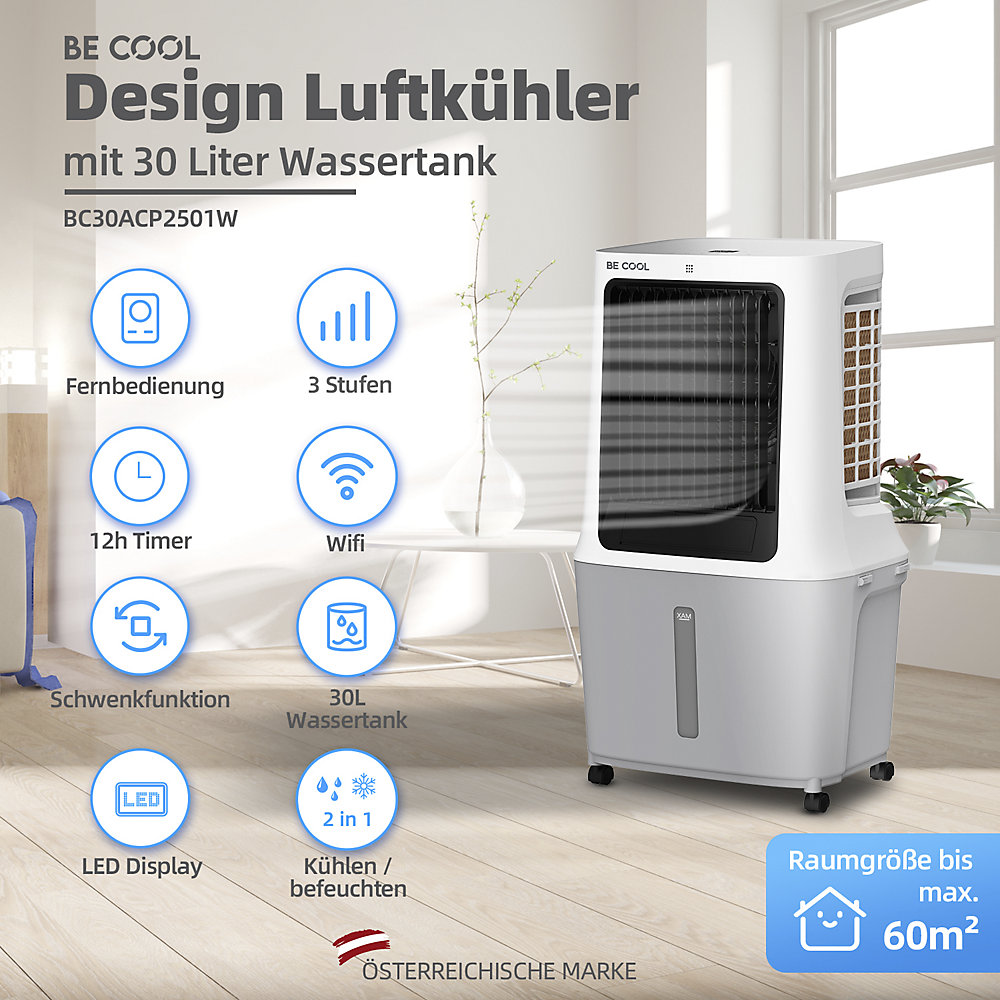 Be Cool Refroidisseur dair 120 W (L x l x H) 496 x 375 x 870 mm gris clair, blanc commandé par application, minuteur, affichage LED, avec télécommande 2