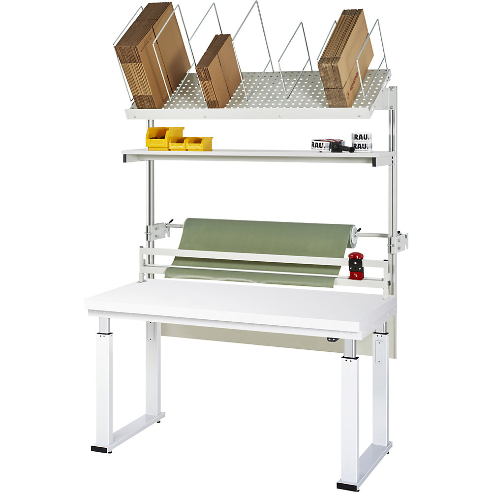 Packtisch komplett 600, elektrisch höhenverstellbar, Set 2 mit Etagenbord, Schneidgerät, Abrolleinheit, BxT 1500 x 700 mm, Hartlaminatplatte RAU