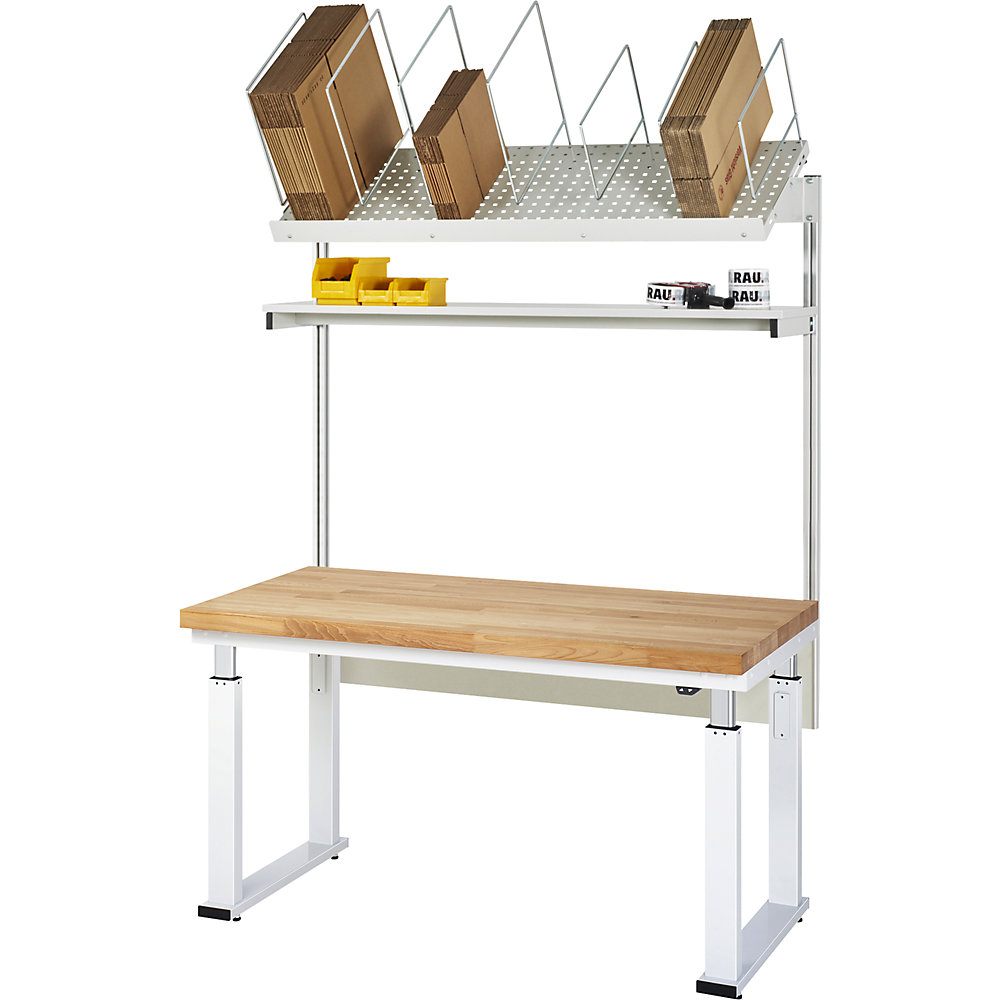 Packtisch komplett 600, elektrisch höhenverstellbar, Set 1 mit Etagenbord, BxT 2000 x 700 mm, Buchenplatte RAU