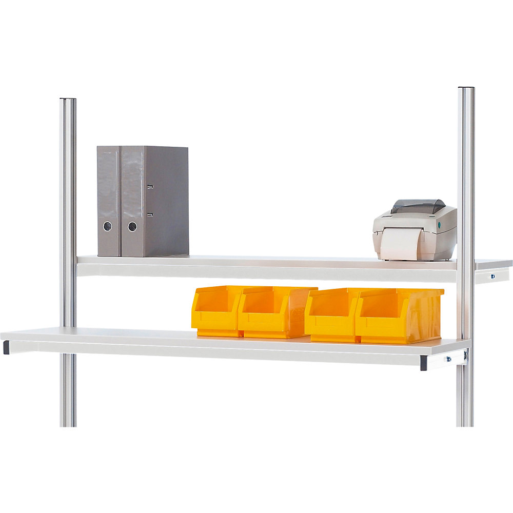 Packtisch komplett, manuell höhenverstellbar, Set 1 mit Etagenbord, BxT 1500 x 1000 mm, Buchenplatte RAU 2