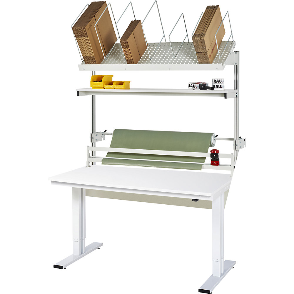 Packtisch komplett 300, elektrisch höhenverstellbar, Set 2 mit Etagenbord, Schneidgerät, Abrolleinheit, BxT 2000 x 1000 mm, Melaminplatte RAU