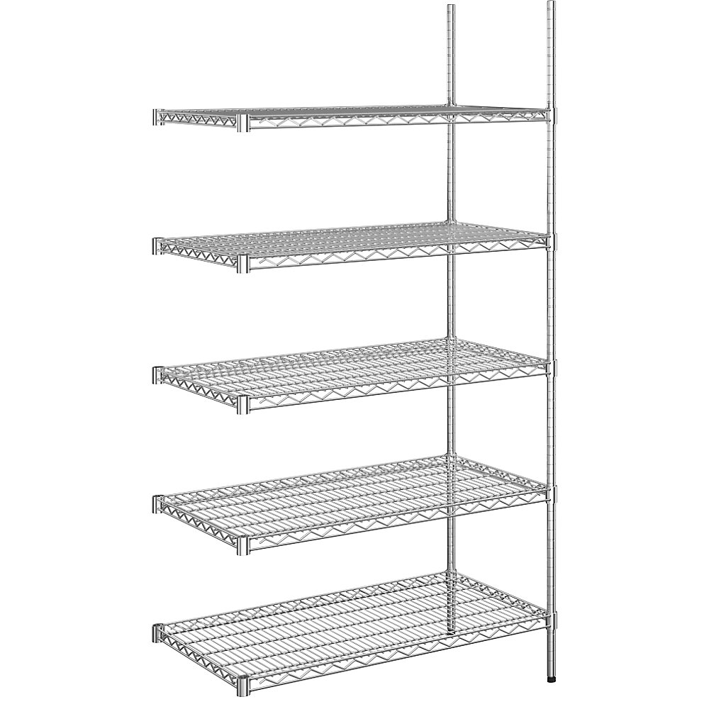 Rayonnage en fil d'acier chromé, charge max. admissible par tablette 150 kg, l x p 910 x 610 mm, rayonnage additionnel, hauteur 1880 mm, 5 tablettes