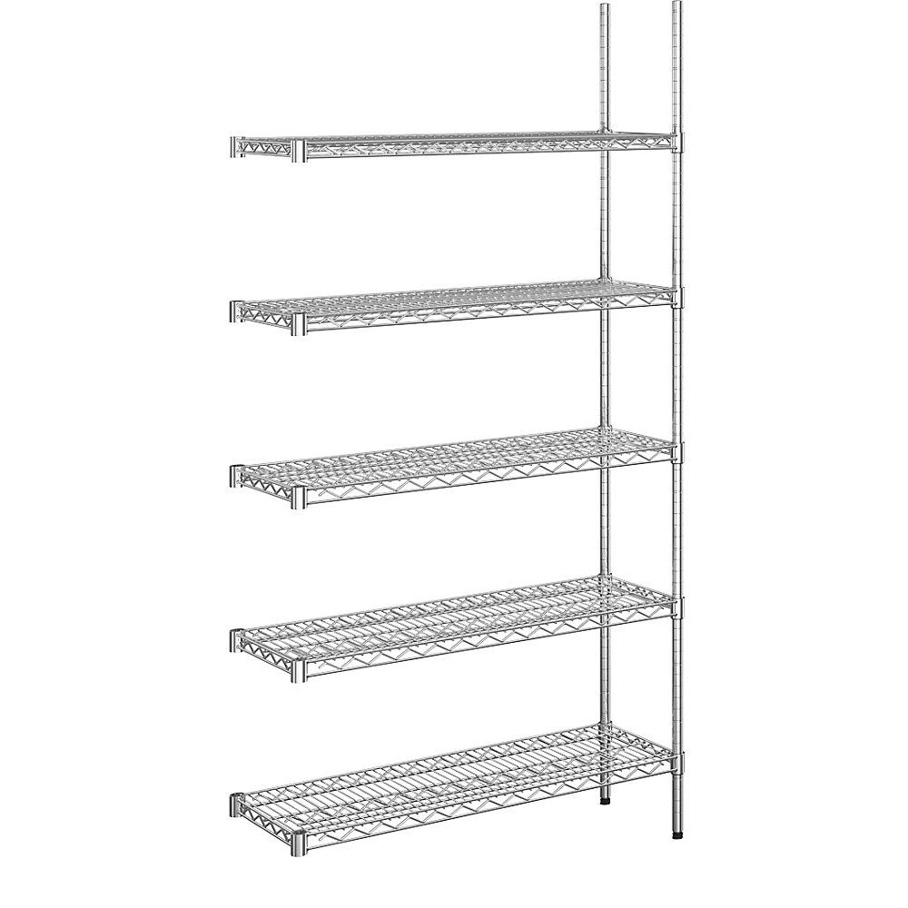 Rayonnage en fil d'acier chromé, charge max. admissible par tablette 250 kg, l x p 910 x 360 mm, rayonnage additionnel, hauteur 1880 mm, 5 tablettes