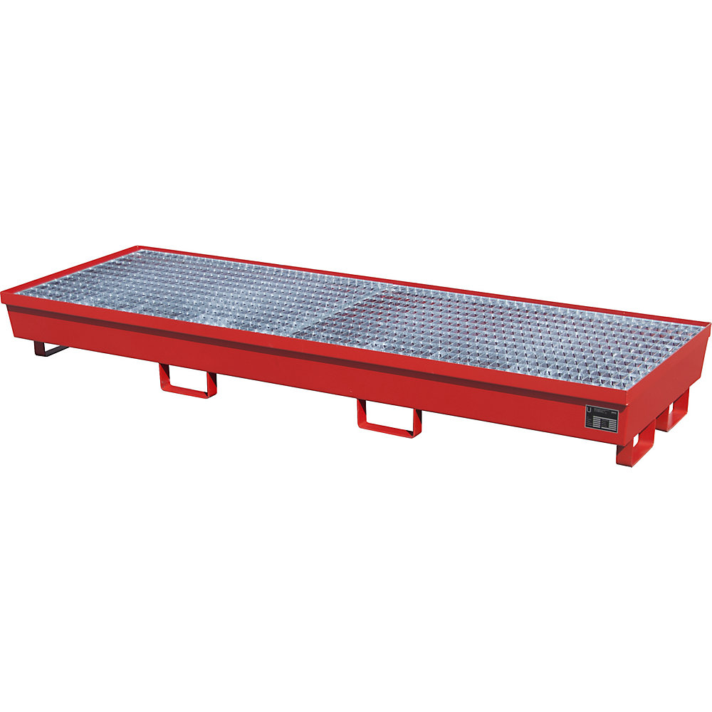 eurokraft pro Stalen opvangbak met randprofilering, voor 4 vaten van 200 liter, l x b = 2400 x 800 mm, rood RAL 3000