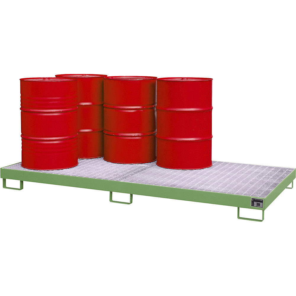 Stahl-Auffangwanne, Auffangvolumen 240 l, für 8 x 200-l-Fässer, lackiert grün RAL 6011, mit Gitterrost eurokraft pro