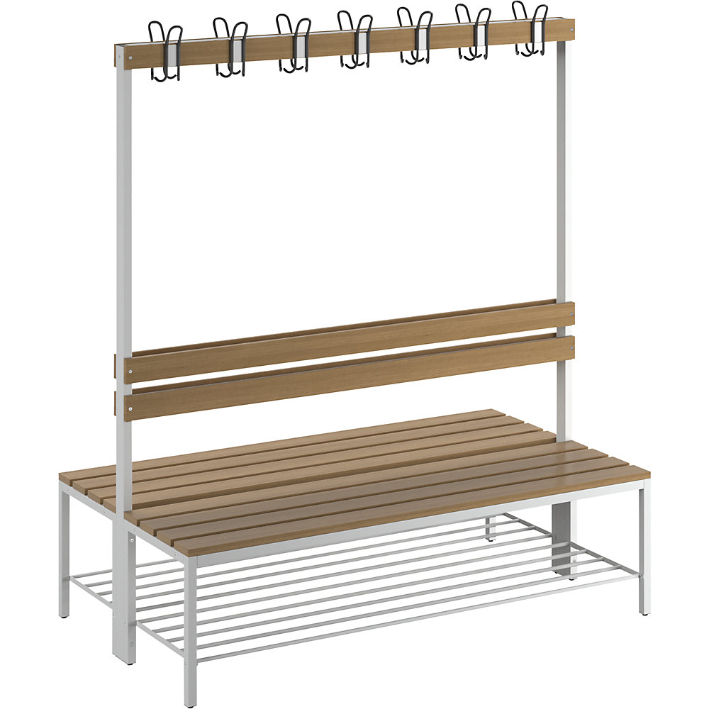 Eurokraft basic Kleedkamerbank met rugleuning, dubbelzijdig, beukenhouten planken, lengte 1500 mm
