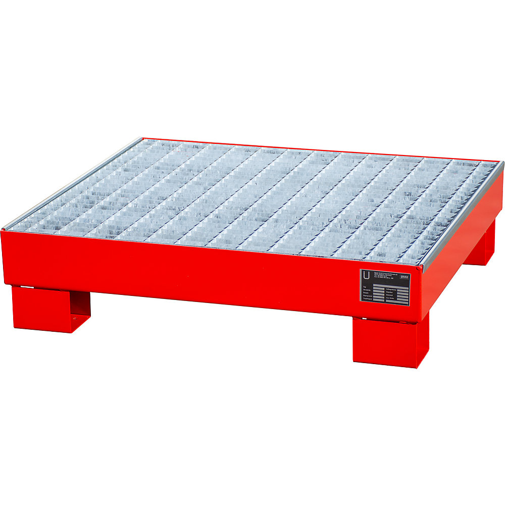 Stahl-Auffangwanne, LxBxH 800 x 900 x 220 mm, lackiert rot RAL 3000, mit Gitterrost eurokraft pro 2